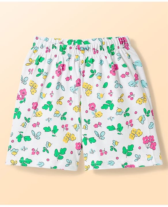 Babyhug Cotton Knit Half Sleeves Co-Ord T-Shirt & Shorts Night Suit With Floral - White
