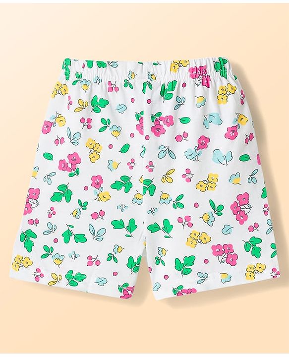 Babyhug Cotton Knit Half Sleeves Co-Ord T-Shirt & Shorts Night Suit With Floral - White