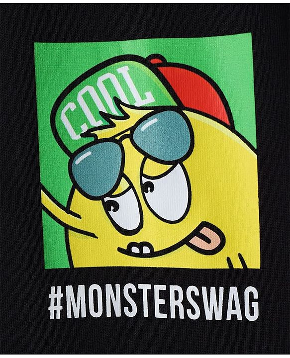 Pine Kids Cotton Knit Half Sleeves Oversized T-Shirt With Front & Back Monster Print - Black
