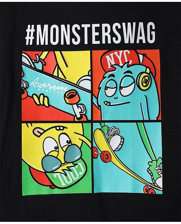 Pine Kids Cotton Knit Half Sleeves Oversized T-Shirt With Front & Back Monster Print - Black