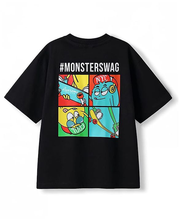 Pine Kids Cotton Knit Half Sleeves Oversized T-Shirt With Front & Back Monster Print - Black