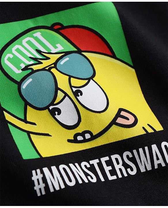 Pine Kids Cotton Knit Half Sleeves Oversized T-Shirt With Front & Back Monster Print - Black