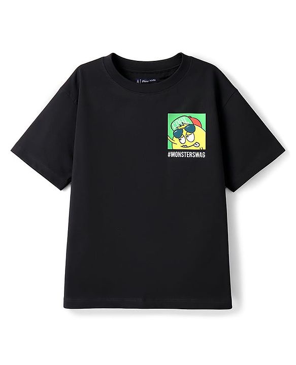 Pine Kids Cotton Knit Half Sleeves Oversized T-Shirt With Front & Back Monster Print - Black