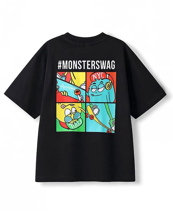 Pine Kids Cotton Knit Half Sleeves Oversized T-Shirt With Front & Back Monster Print - Black
