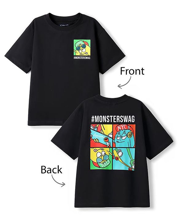 Pine Kids Cotton Knit Half Sleeves Oversized T-Shirt With Front & Back Monster Print - Black