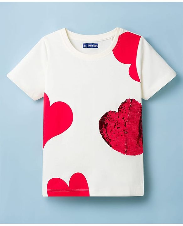 Pine Kids Cotton Knit Half Sleeves T-Shirt With Heart Print & Reversible Sequins - White