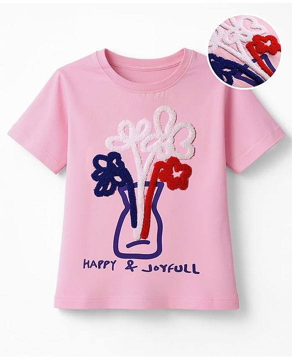 Pine Kids Cotton Knit T-Shirts with Floral Applique Pink 4-5 Years