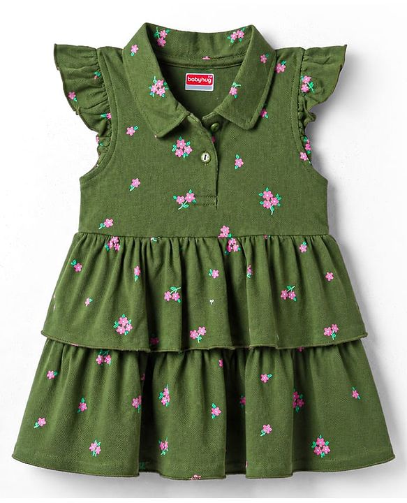 Babyhug 100% Cotton Knit Half Sleeves Frock with Floral Print - Green