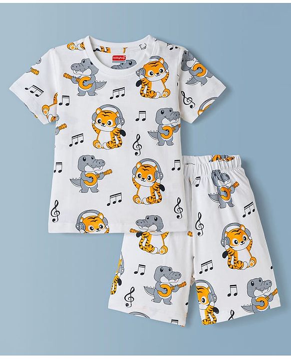 Babyhug Cotton Knit Half Sleeves Co-Ord T-Shirt & Short Night Suit with Animal Print - White