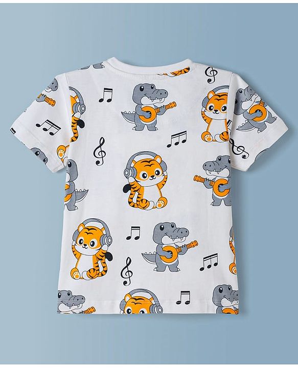 Babyhug Cotton Knit Half Sleeves Co-Ord T-Shirt & Short Night Suit with Animal Print - White