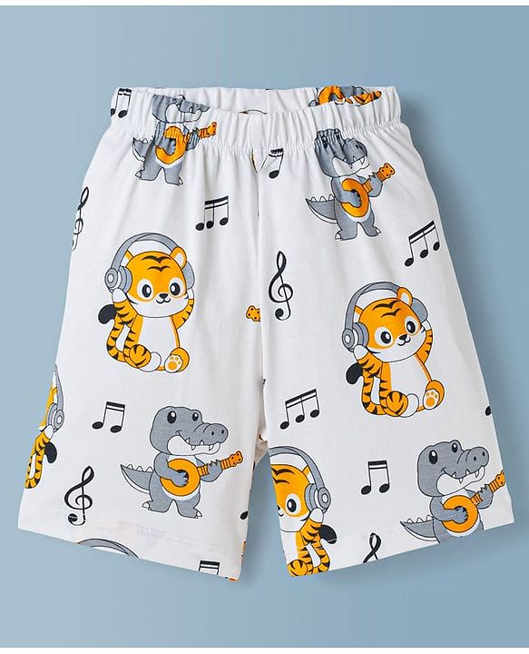 Babyhug Cotton Knit Half Sleeves Co-Ord T-Shirt & Short Night Suit with Animal Print - White