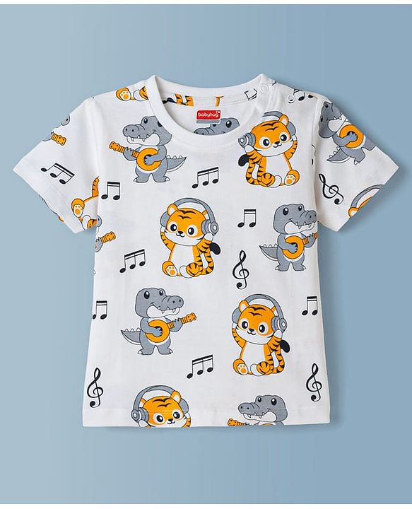 Babyhug Cotton Knit Half Sleeves Co-Ord T-Shirt & Short Night Suit with Animal Print - White