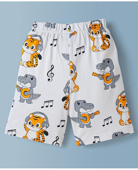 Babyhug Cotton Knit Half Sleeves Co-Ord T-Shirt & Short Night Suit with Animal Print - White
