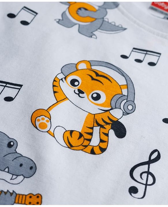 Babyhug Cotton Knit Half Sleeves Co-Ord T-Shirt & Short Night Suit with Animal Print - White