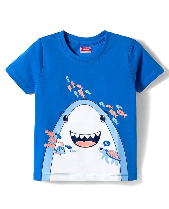 Babyhug Cotton Knit Half Sleeves T-Shirt & Short Night Suit with Striped & Shark Print -  Blue