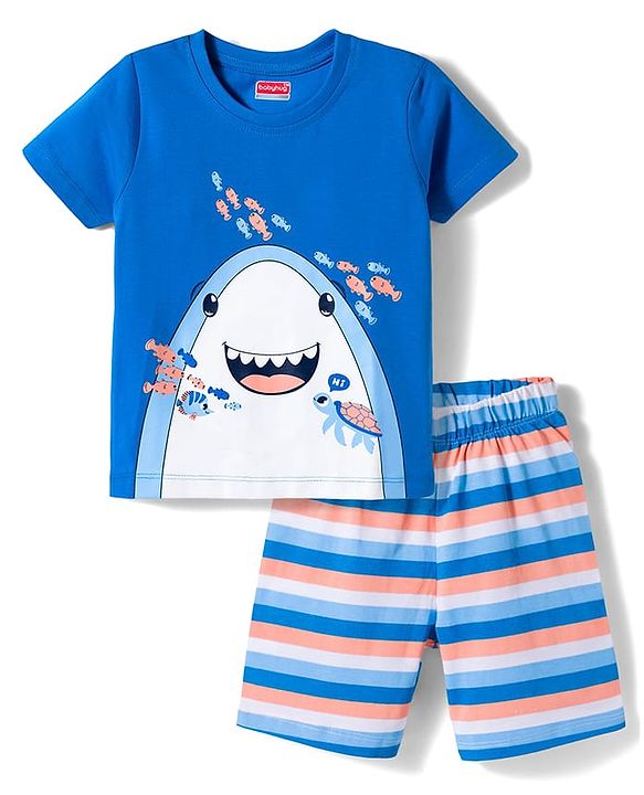 Babyhug Cotton Knit Half Sleeves T-Shirt & Short Night Suit with Striped & Shark Print -  Blue