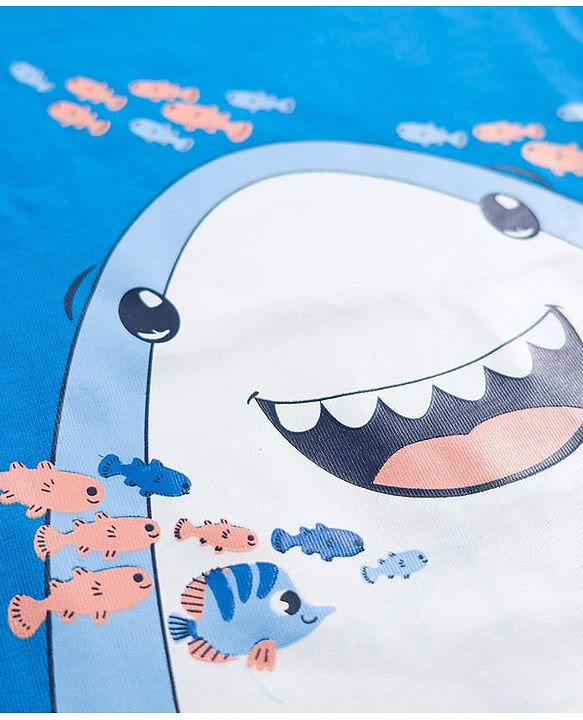 Babyhug Cotton Knit Half Sleeves T-Shirt & Short Night Suit with Striped & Shark Print -  Blue