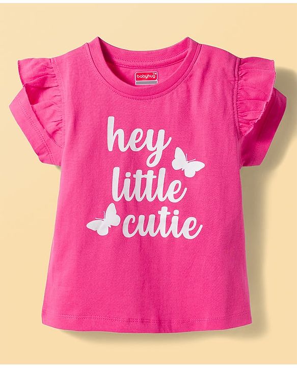 Babyhug Cotton Knit Half Sleeves T-Shirt & Shorts Night Suit With Butterfly Print - Dark Pink