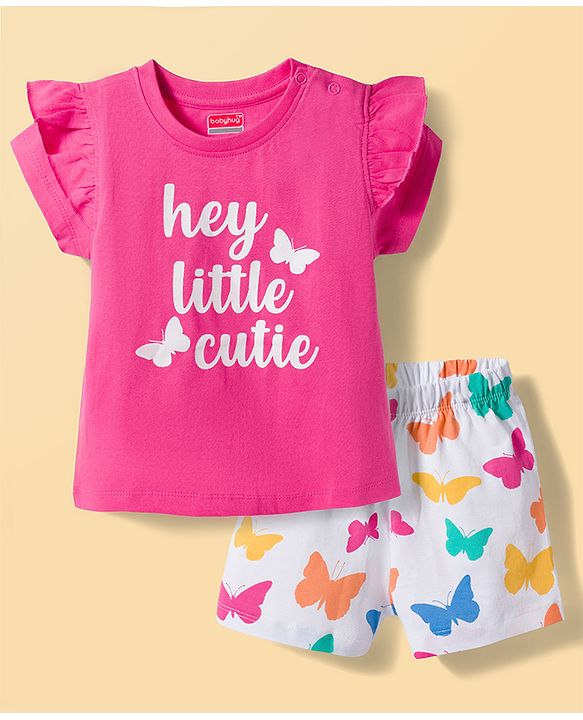 Babyhug Cotton Knit Half Sleeves T-Shirt & Shorts Night Suit With Butterfly Print - Dark Pink