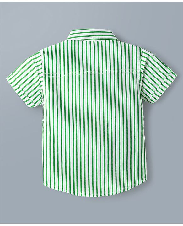 Babyhug Disney Poplin Woven Striped Shirt with Half Sleeves and Mickey Mouse Print - Green