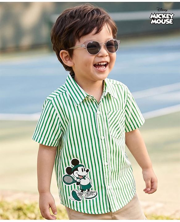 Babyhug Disney Poplin Woven Striped Shirt with Half Sleeves and Mickey Mouse Print - Green