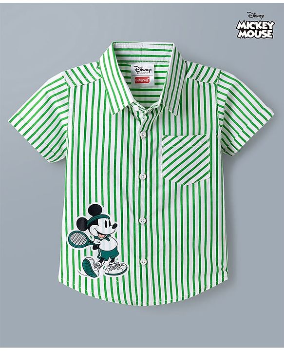 Babyhug Disney Poplin Woven Striped Shirt with Half Sleeves and Mickey Mouse Print - Green
