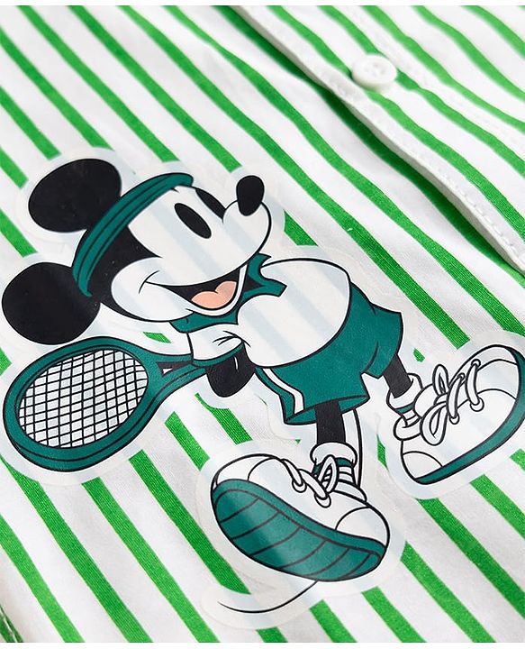 Babyhug Disney Poplin Woven Striped Shirt with Half Sleeves and Mickey Mouse Print - Green