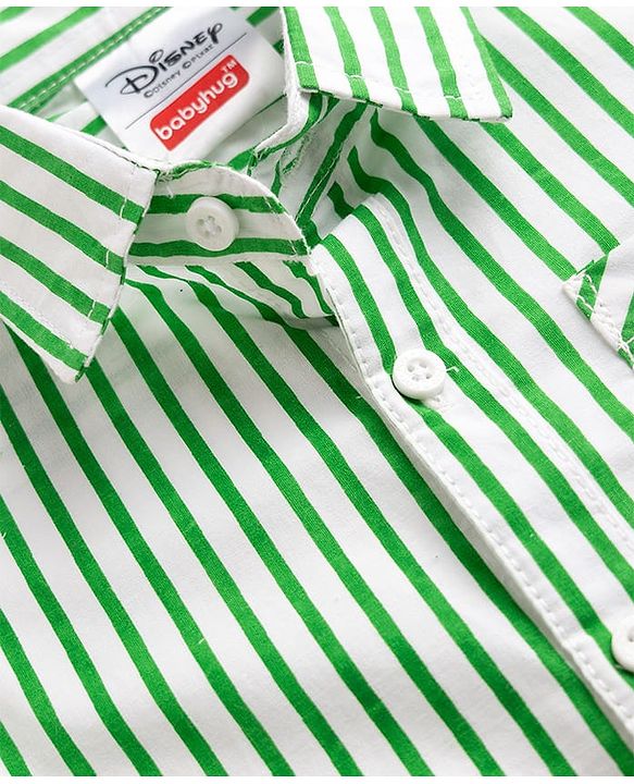Babyhug Disney Poplin Woven Striped Shirt with Half Sleeves and Mickey Mouse Print - Green