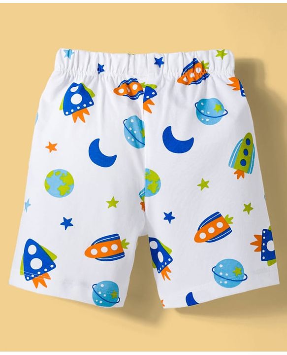 Babyhug Cotton Knit Half Sleeves T-Shirt & Shorts Co-ord Night Suit With Space Theme Print - White