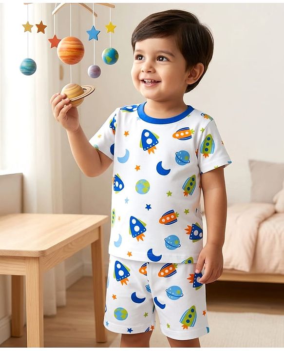 Babyhug Cotton Knit Half Sleeves T-Shirt & Shorts Co-ord Night Suit With Space Theme Print - White
