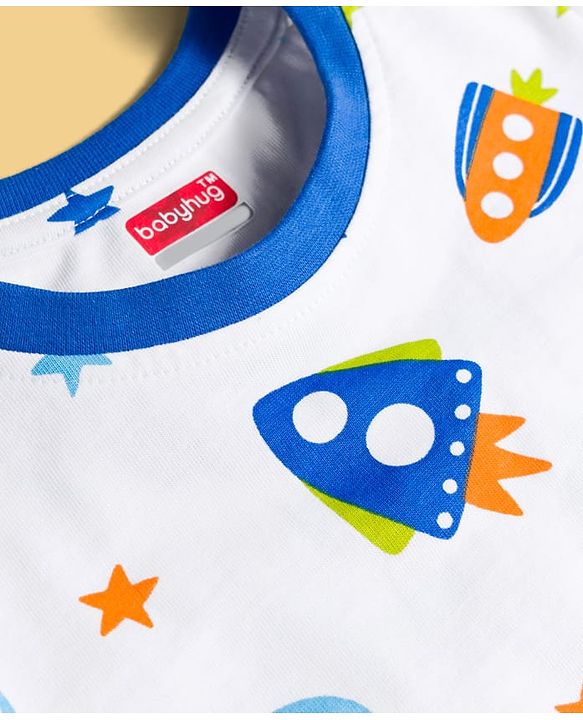Babyhug Cotton Knit Half Sleeves T-Shirt & Shorts Co-ord Night Suit With Space Theme Print - White