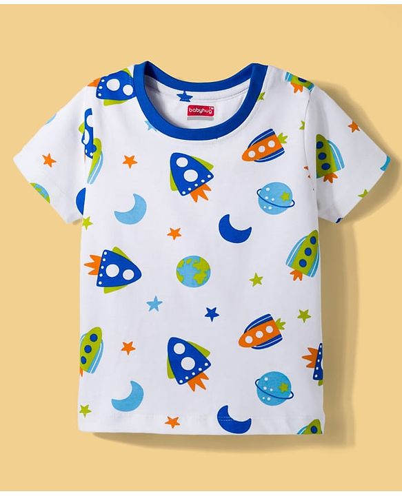 Babyhug Cotton Knit Half Sleeves T-Shirt & Shorts Co-ord Night Suit With Space Theme Print - White