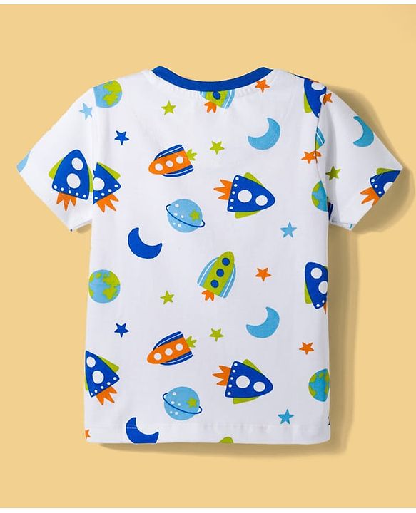 Babyhug Cotton Knit Half Sleeves T-Shirt & Shorts Co-ord Night Suit With Space Theme Print - White