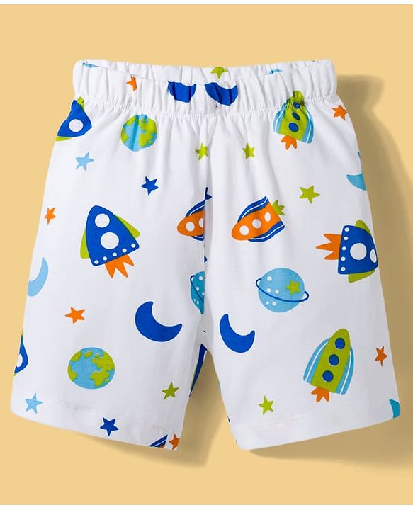 Babyhug Cotton Knit Half Sleeves T-Shirt & Shorts Co-ord Night Suit With Space Theme Print - White