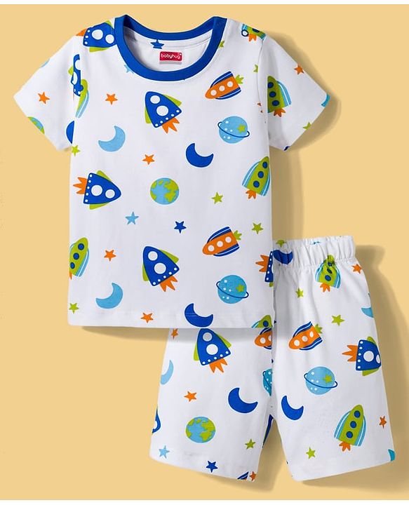 Babyhug Cotton Knit Half Sleeves T-Shirt & Shorts Co-ord Night Suit With Space Theme Print - White