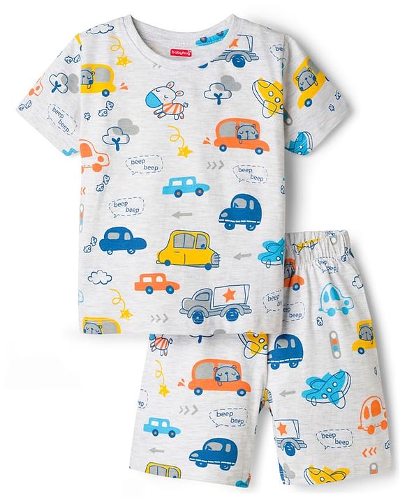 Babyhug Cotton Knit Half Sleeves T-Shirt & Shorts Co-ord Night Suit With Car Print - Grey