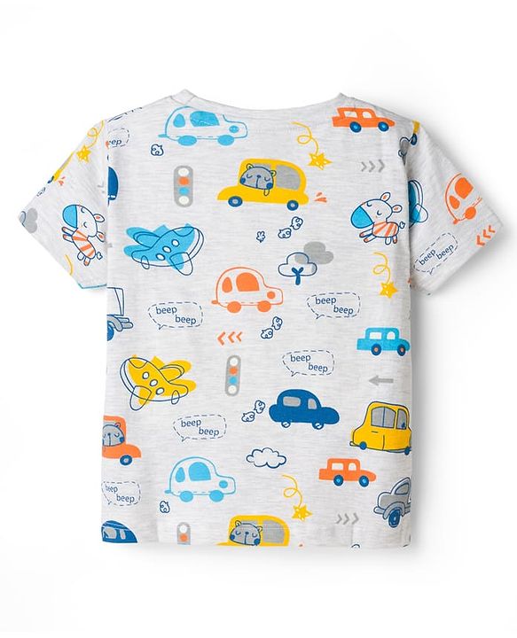 Babyhug Cotton Knit Half Sleeves T-Shirt & Shorts Co-ord Night Suit With Car Print - Grey