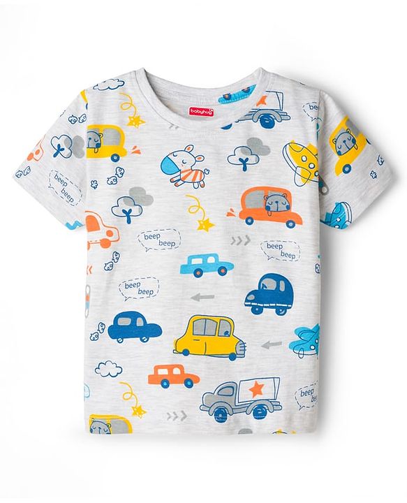 Babyhug Cotton Knit Half Sleeves T-Shirt & Shorts Co-ord Night Suit With Car Print - Grey