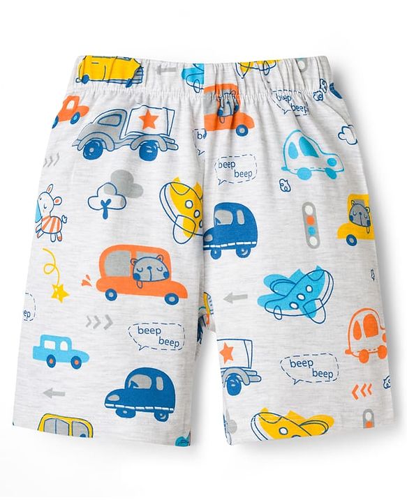Babyhug Cotton Knit Half Sleeves T-Shirt & Shorts Co-ord Night Suit With Car Print - Grey