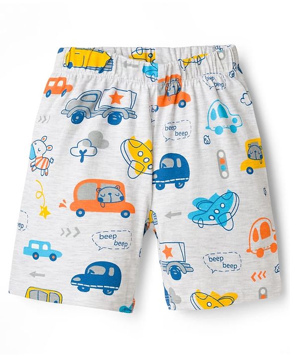 Babyhug Cotton Knit Half Sleeves T-Shirt & Shorts Co-ord Night Suit With Car Print - Grey