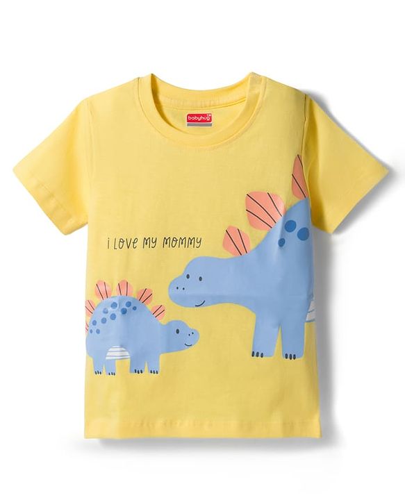 Babyhug Cotton Knit Half Sleeves T-Shirt & Short Night Suit with Striped & Dino Print - Yellow