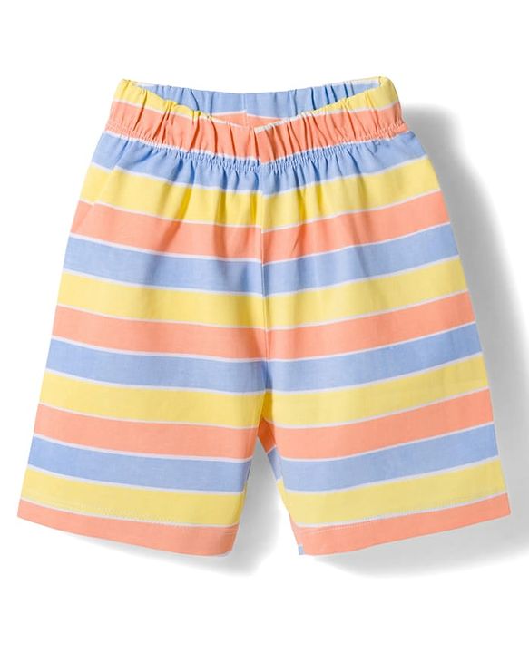 Babyhug Cotton Knit Half Sleeves T-Shirt & Short Night Suit with Striped & Dino Print - Yellow