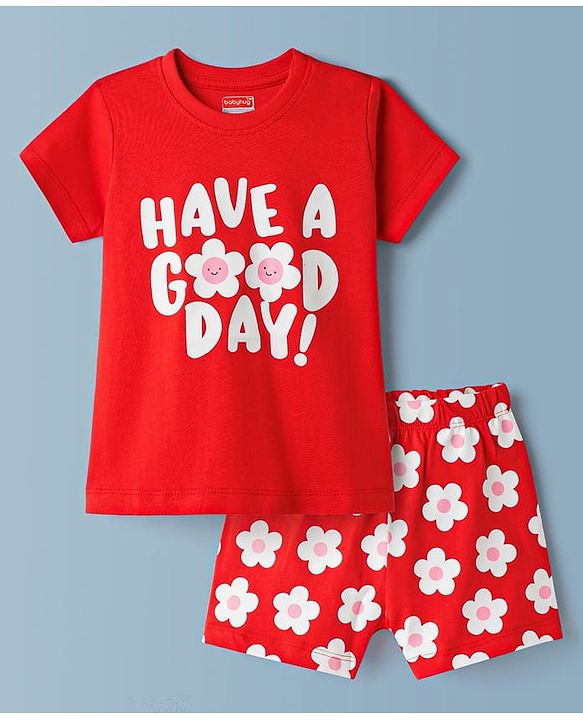 Babyhug Cotton Knit Half Sleeves T-Shirt & Shorts Night Suit With Floral Print - Red