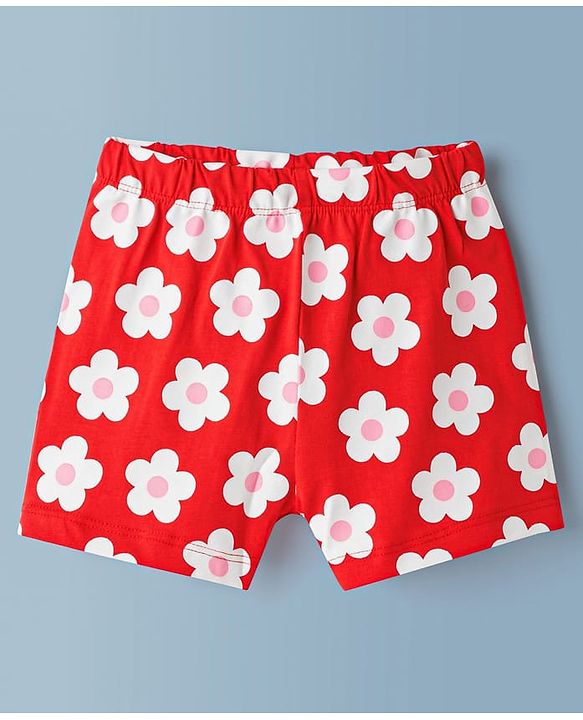 Babyhug Cotton Knit Half Sleeves T-Shirt & Shorts Night Suit With Floral Print - Red