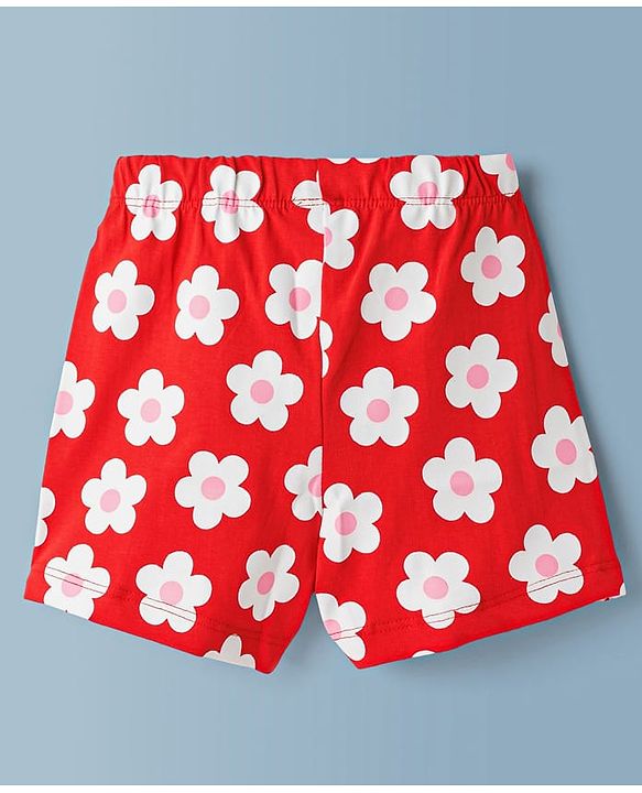 Babyhug Cotton Knit Half Sleeves T-Shirt & Shorts Night Suit With Floral Print - Red