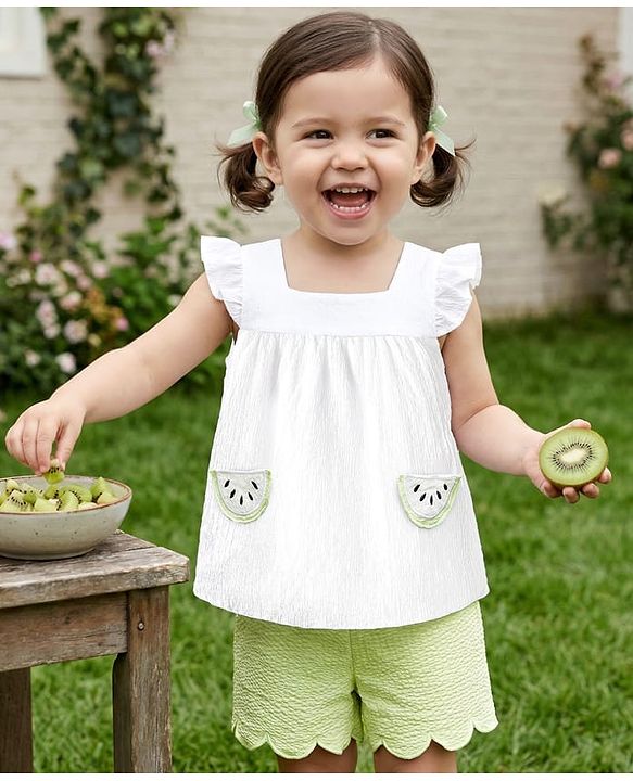 Babyhug Cotton Woven Frill Sleeves Top with Kiwi Embroidery & Shorts Set - White & Green