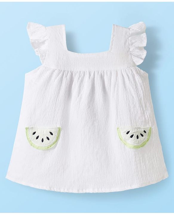 Babyhug Cotton Woven Frill Sleeves Top with Kiwi Embroidery & Shorts Set - White & Green