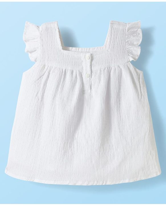 Babyhug Cotton Woven Frill Sleeves Top with Kiwi Embroidery & Shorts Set - White & Green