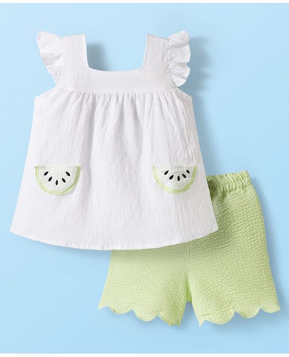 Babyhug Cotton Woven Frill Sleeves Top with Kiwi Embroidery & Shorts Set - White & Green