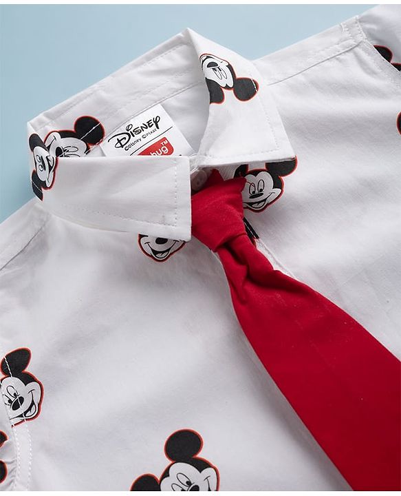 Babyhug Disney Cotton Woven Half Sleeves Shirt With Micky Mouse Graphics & Tie - White